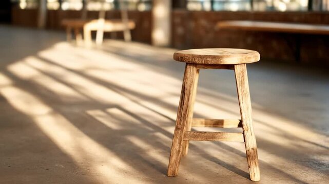 Rustic wooden stool illuminated by sunlight creating shadows on floor indoor setting