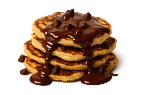 Stacked pancakes drizzled with rich chocolate sauce and chips, providing a sweet breakfast or dessert on transparent background - Powered by Adobe