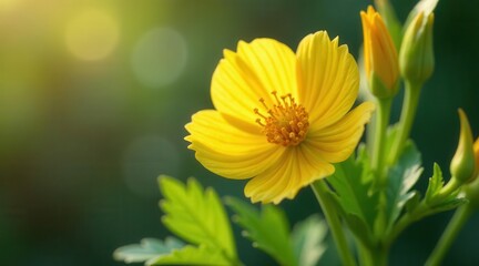 Obraz premium A single vibrant yellow flower blossoms in the soft sunlight, its delicate petals unfurling amidst lush green foliage, a captivating scene of natural beauty