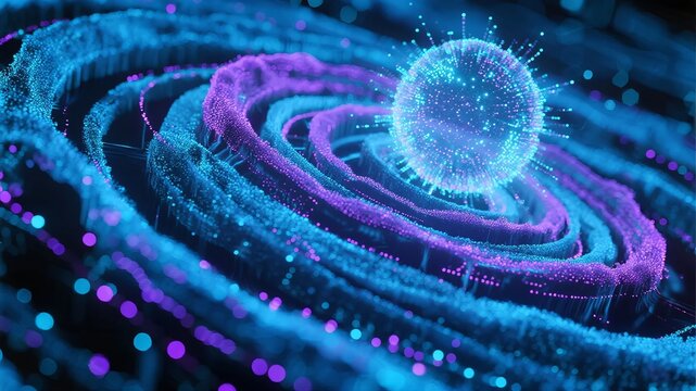 Abstract digital sphere surrounded by glowing concentric rings in a futuristic cosmic design - Powered by Adobe