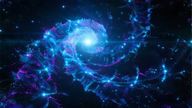 A vibrant cosmic nebula with swirling blue and purple gases, glowing stars, and a bright central core in deep space.