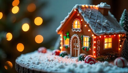 Christmas Gingerbread House with Window Xmas Lights over shining Garland, created with generative ai