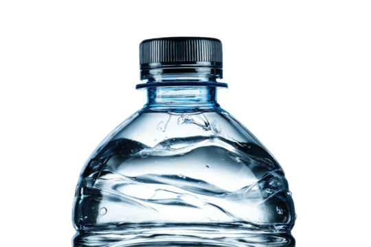 Clear bottle of water, top close-up, on black background
