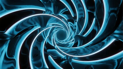 Abstract blue spiral tunnel with glowing edges and reflective surfaces