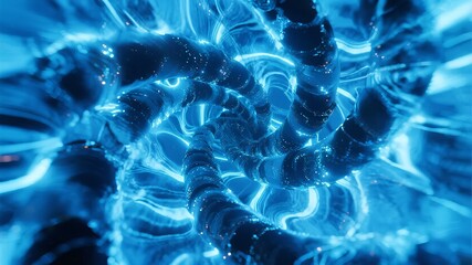 Abstract blue energy vortex with glowing particles and fluid motion