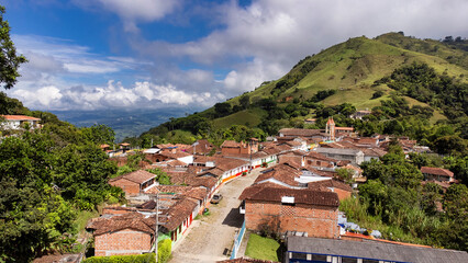 Santa Barbara, Damasco, Antioquia, Colombia. October 5, 2025. Panoramic drone view of the district located 74.4 km from Medellin.