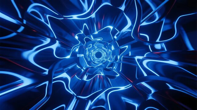 Abstract blue neon tunnel with swirling patterns and glowing lines