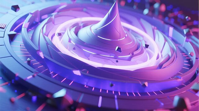 Abstract futuristic structure with glowing concentric rings and central spire in vibrant purple and pink hues - Powered by Adobe
