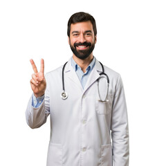 Fototapeta premium Doctor Shows Victory Sign Happy Bearded Physician With Stethoscope Gestures V Sign In Medical Uniform White Coat On Transparent Background
