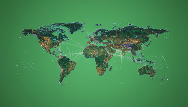 A detailed world map illustrating global connectivity and environmental diversity against a vibrant green background. - Powered by Adobe