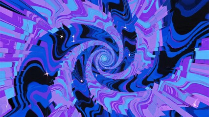 Abstract psychedelic spiral pattern with swirling blue and purple hues and star-like highlights
