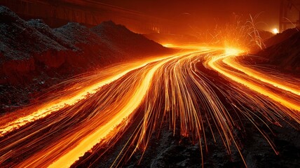 A long exposure photograph of the molten metal stream, capturing the movement and the trails of light and sparks