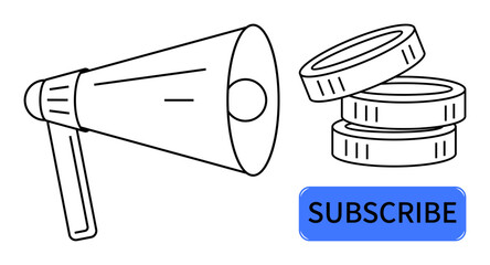 Megaphone highlights announcement, coins represent monetization, blue subscribe button signifies growing audience. Ideal for marketing, subscription, promotion, branding, investment, outreach simple