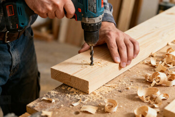 A skilled carpenter meticulously drills a hole into a wooden plank with precision and craftsmanship, sawdust swirling in the air, a close-up perspective showcases the dedication to his craft.