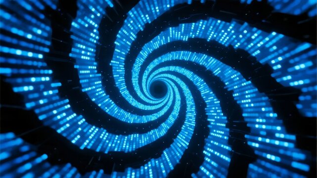 Blue digital spiral pattern with glowing dots forming a hypnotic tunnel effect - Powered by Adobe