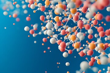 Floating molecule model displays an array of connected white, coral, and orange atoms on cyan