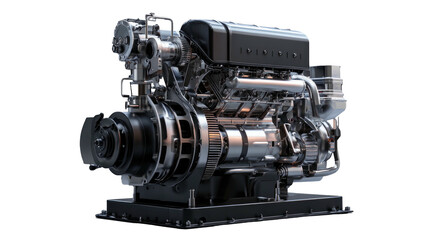 Chrome engine with intricate piping on a black backdrop