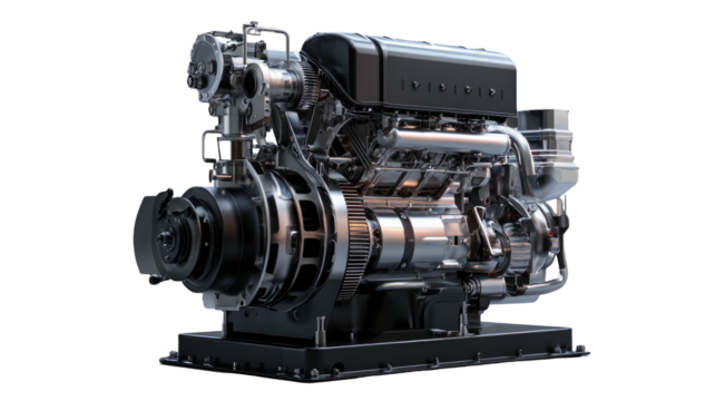 Chrome engine with intricate piping on a black backdrop