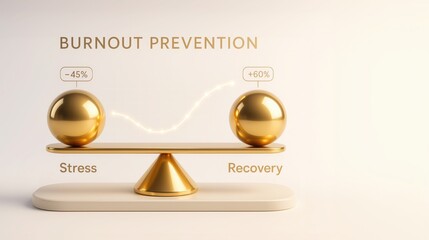 Burnout prevention is essential for maintaining balance between stress and recovery, represented by gold spheres on scale