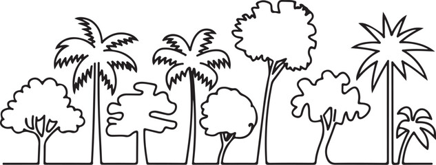 Abstract continuous line art drawing of diverse trees and palms