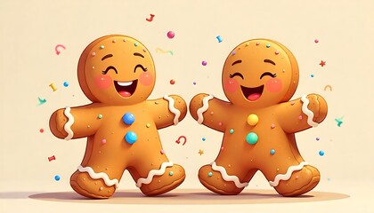 Naklejka premium two smiling gingerbread men with colorful icing accents, standing beside a pyramid-shaped stack of gingerbread cookies, created with generative ai