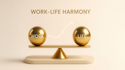 Work life harmony concept with gold spheres representing balance on beige background, symbolizing importance of achieving equilibrium in life