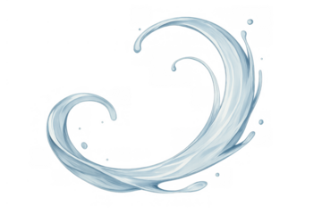 Water splash creating a dynamic curve and swirl with droplets. Clean fresh liquid element on transparent background