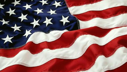 Obraz premium A close-up of the American flag, with its iconic red and white stripes and blue field adorned by bold stars, gently waving in the wind against an isolated background. The flag's intricate design