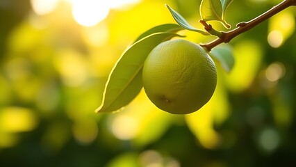 sudachi. A fresh sudachi lime on a branch against a blurred green background, morning sunlight. bar promotions, beverage menus, designed for product packaging and bar promotions.