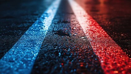 A close-up of the asphalt with lines in blue and red, wet from rain, illuminated by spotlights. The texture is clear and detailed, reflecting light to create an abstract pattern on the surface.