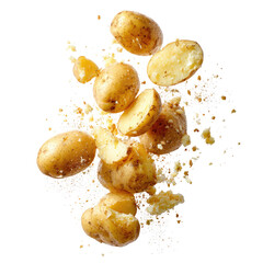 Flying potatoes, cracked and whole, on black