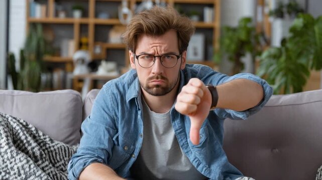 Disapproving Expression: a close-up shot captures the intensity of a man expressing disapproval. The setting is a cozy, modern living space.