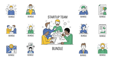 Obraz premium Startup team icons bundle, featuring diverse professionals collaborating on a project, surrounded by related icons.