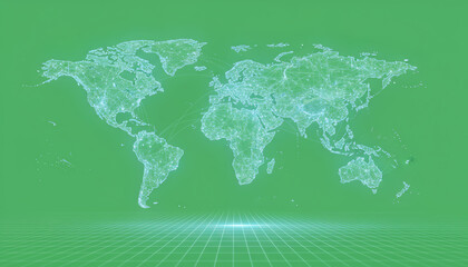 A digital representation of the world map on a vibrant green background, showcasing global connectivity and technology.