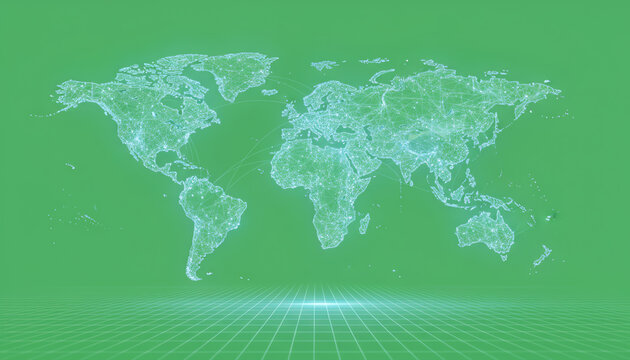 A digital representation of the world map on a vibrant green background, showcasing global connectivity and technology.