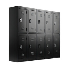Row of six, two-tier, dark-gray metal lockers