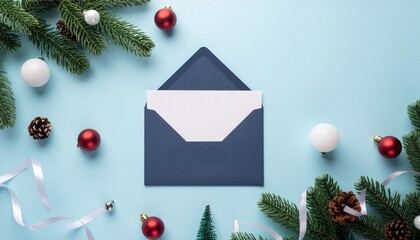 Send joyful holiday greetings with this open envelope amidst festive ornaments and pine branches, perfect for invitations and heartfelt messages