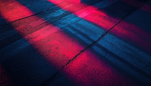 A close-up of the red and blue light stripes on asphalt, creating intricate patterns that cast dramatic shadows across an empty street at night. The camera angle is low to capture the depth