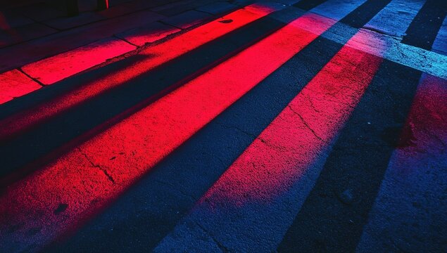 A close-up of the red and blue light stripes on asphalt, creating intricate patterns that cast dramatic shadows across an empty street at night. The camera angle is low to capture the depth