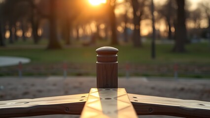 fulcrum. Wooden seesaw in a peaceful park at golden hour, showing perfect equilibrium. event key visuals, club posters, designed for sports event promotions and stadium branding.