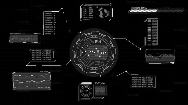 Animated screen with an abstract digital data analysis diagram