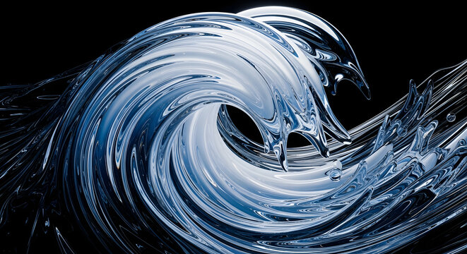Abstract swirling blue and white liquid movement on black background