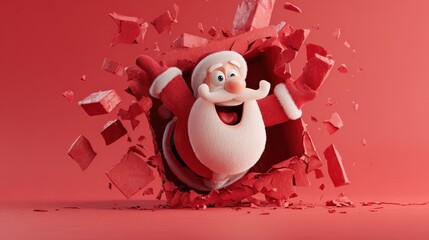 Cheerful cartoon figure bursts dynamically through a wall made of fragments against a monochrome background