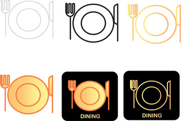 Minimalist dining icon set, featuring plate, fork, and knife designs in outline, solid, and gradient styles, ideal for culinary and restaurant branding