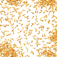 Scattered, curved, brown objects cover a black background