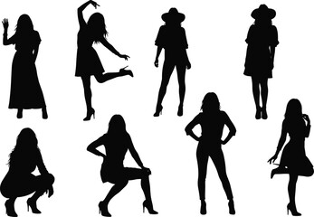Obraz premium WebStylish silhouette collection of women in fashionable poses including standing, dancing, sitting, and modeling,