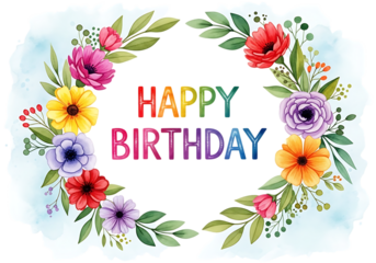 Floral Frame Happy Birthday Wishes with Watercolor Flowers and Rainbow Text
