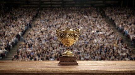 Golden trophy rests on wooden surface before a packed stadium audience