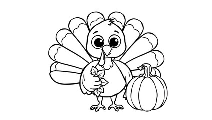 Cute Thanksgiving turkey, big round eyes, simple cartoon style, bold outlines