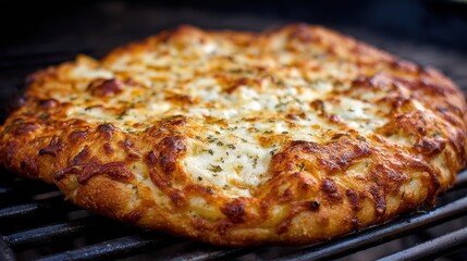 Deliciously browned cheese bread bakes directly upon dark metal cooking grates